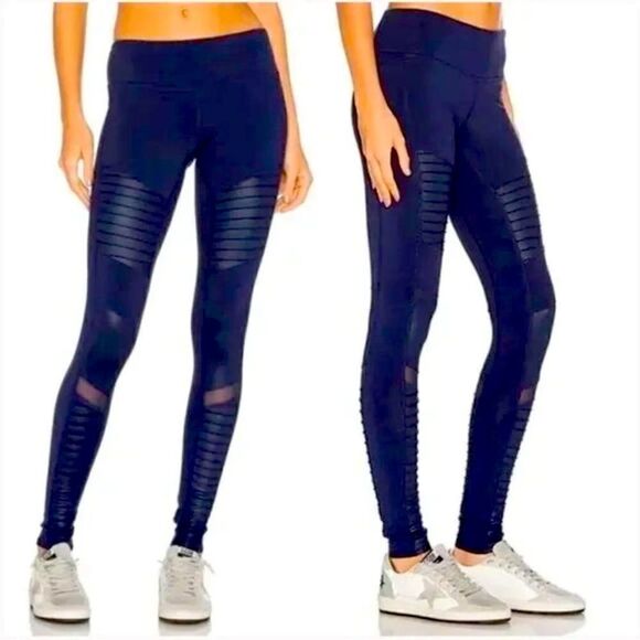 ALO Yoga Moto Mesh Panel Leggings Navy - Picture 1 of 5